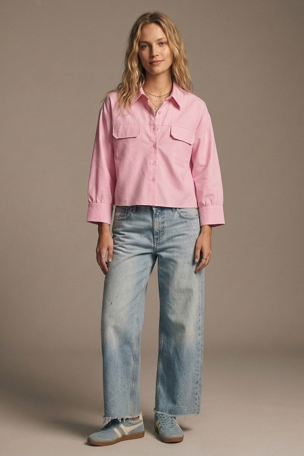 Pink oxford fabric Cropped Shirt with Chest Pockets - Shirts