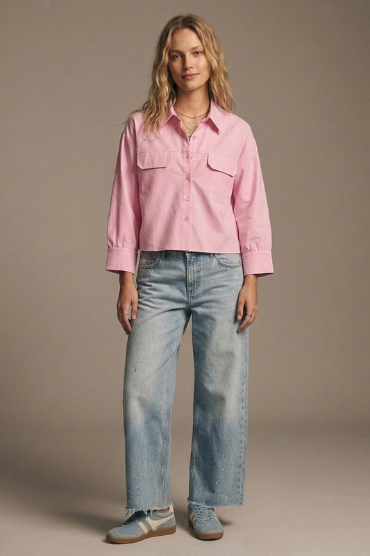 Pink oxford fabric Cropped Shirt with Chest Pockets - Shirts