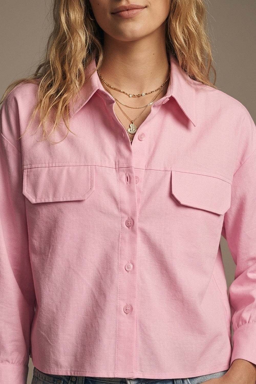 Pink oxford fabric Cropped Shirt with Chest Pockets - Shirts