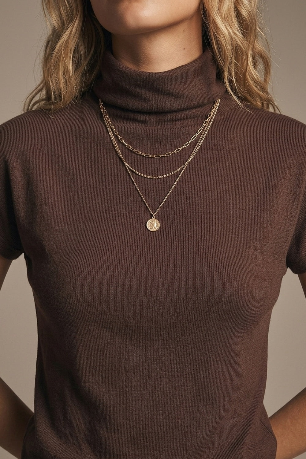 Brown elastic viscose Knit top with Short Sleeve - top