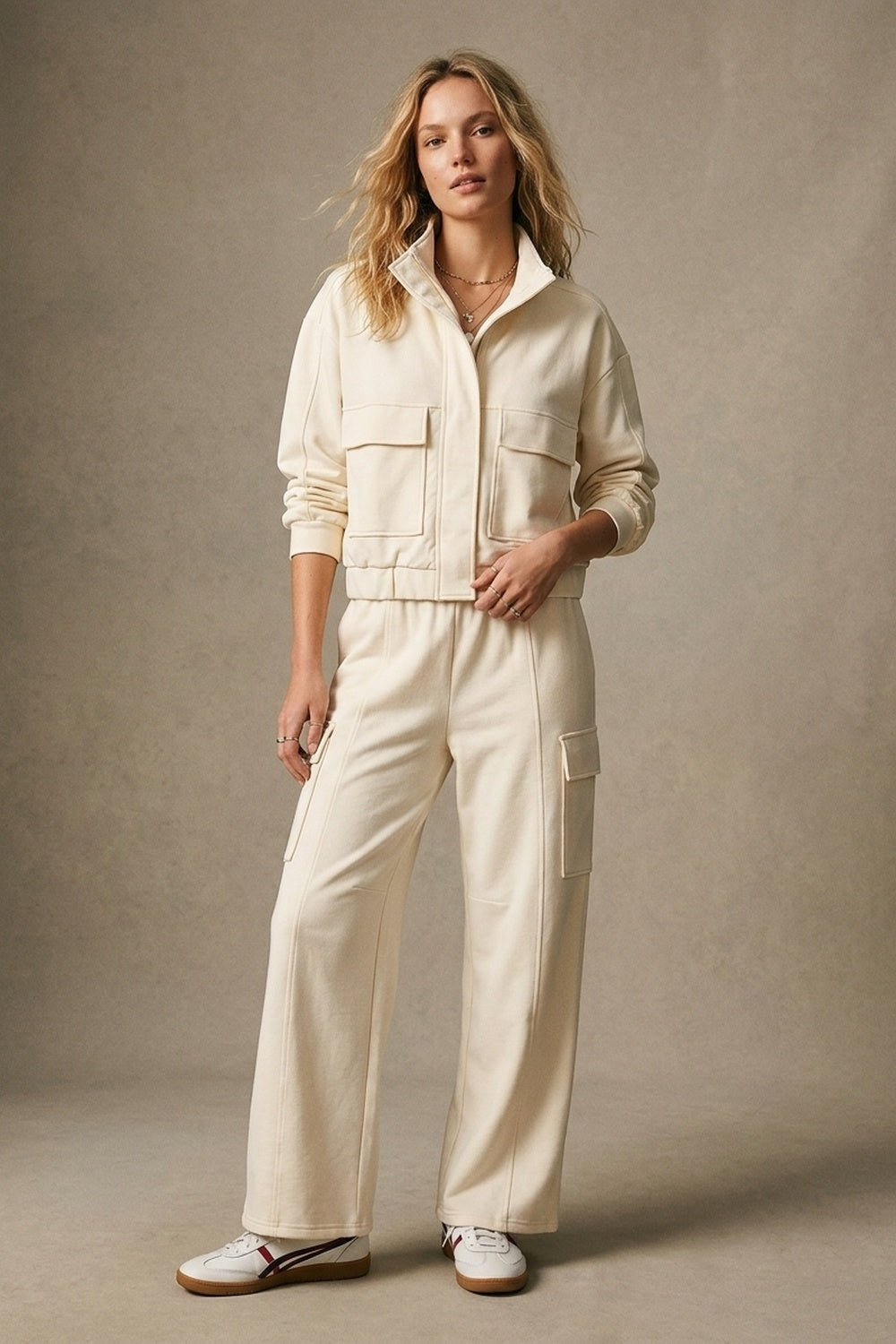 Cream viscose High Collar Pocket Front Relaxed Fit Bomber Jacket