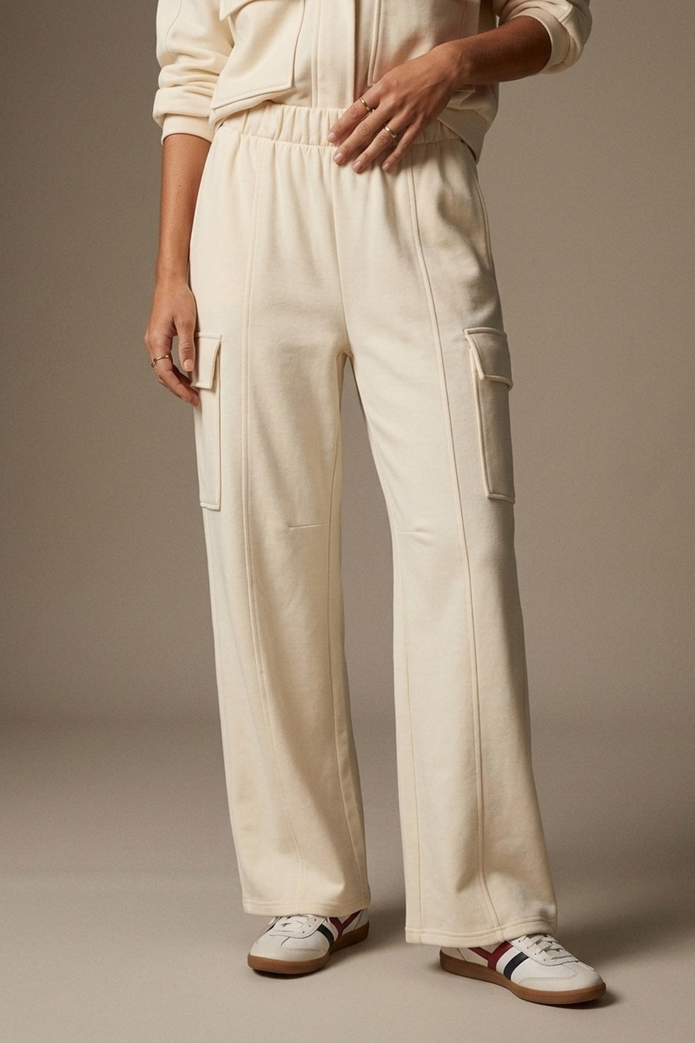 Cream viscose Elastic Waist Cargo Pocket Wide Leg Pants - trousers