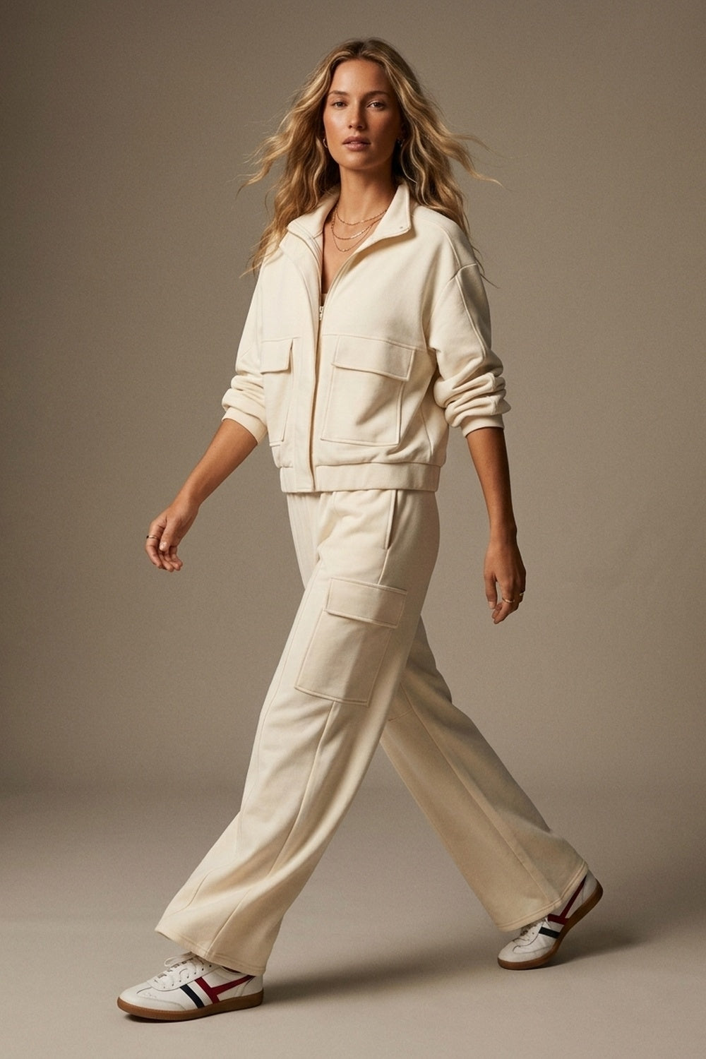 Cream viscose Elastic Waist Cargo Pocket Wide Leg Pants - trousers