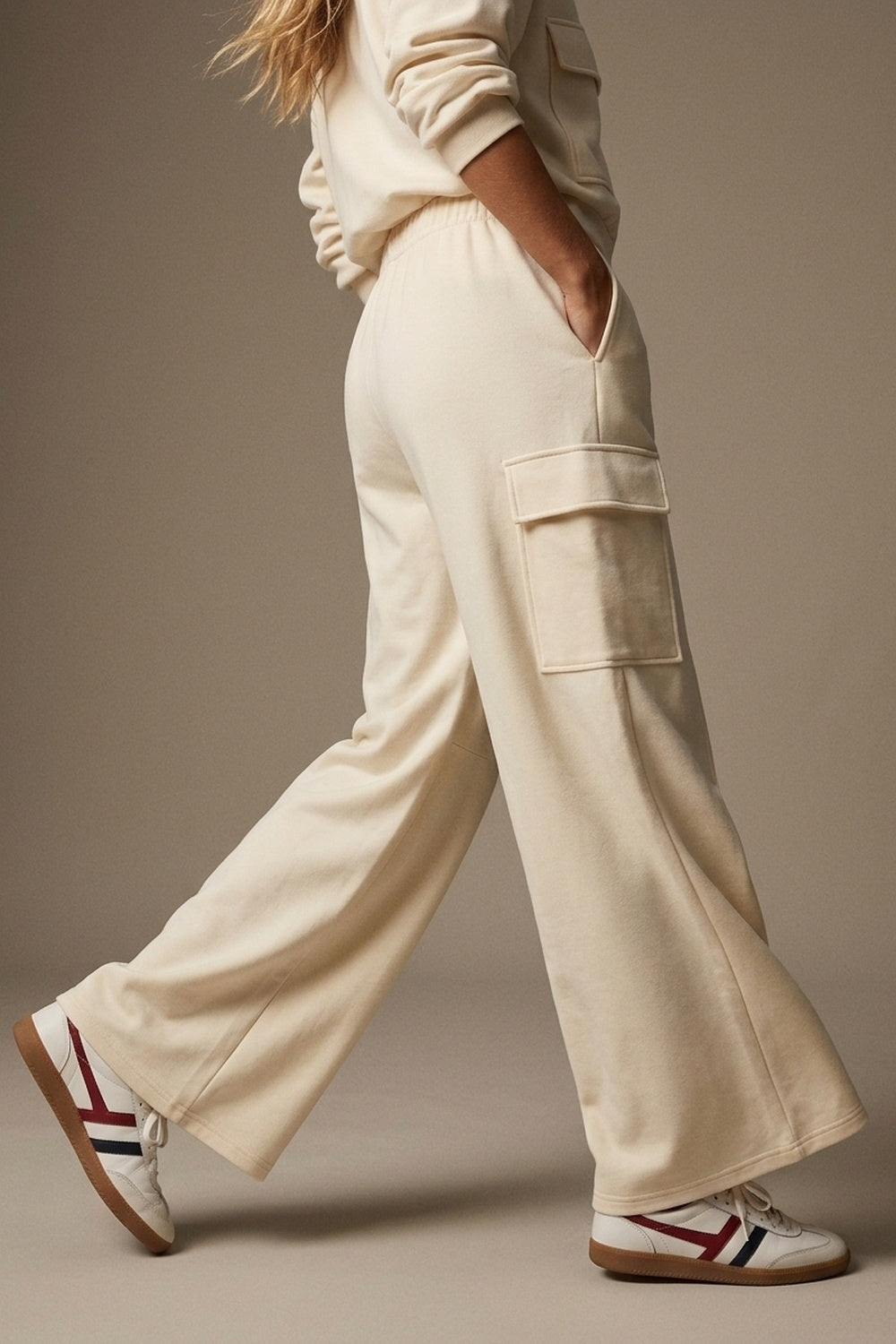 Cream viscose Elastic Waist Cargo Pocket Wide Leg Pants - trousers