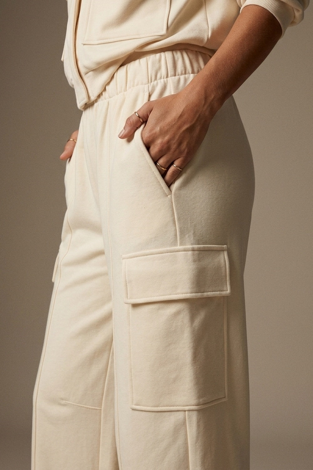 Cream viscose Elastic Waist Cargo Pocket Wide Leg Pants - trousers
