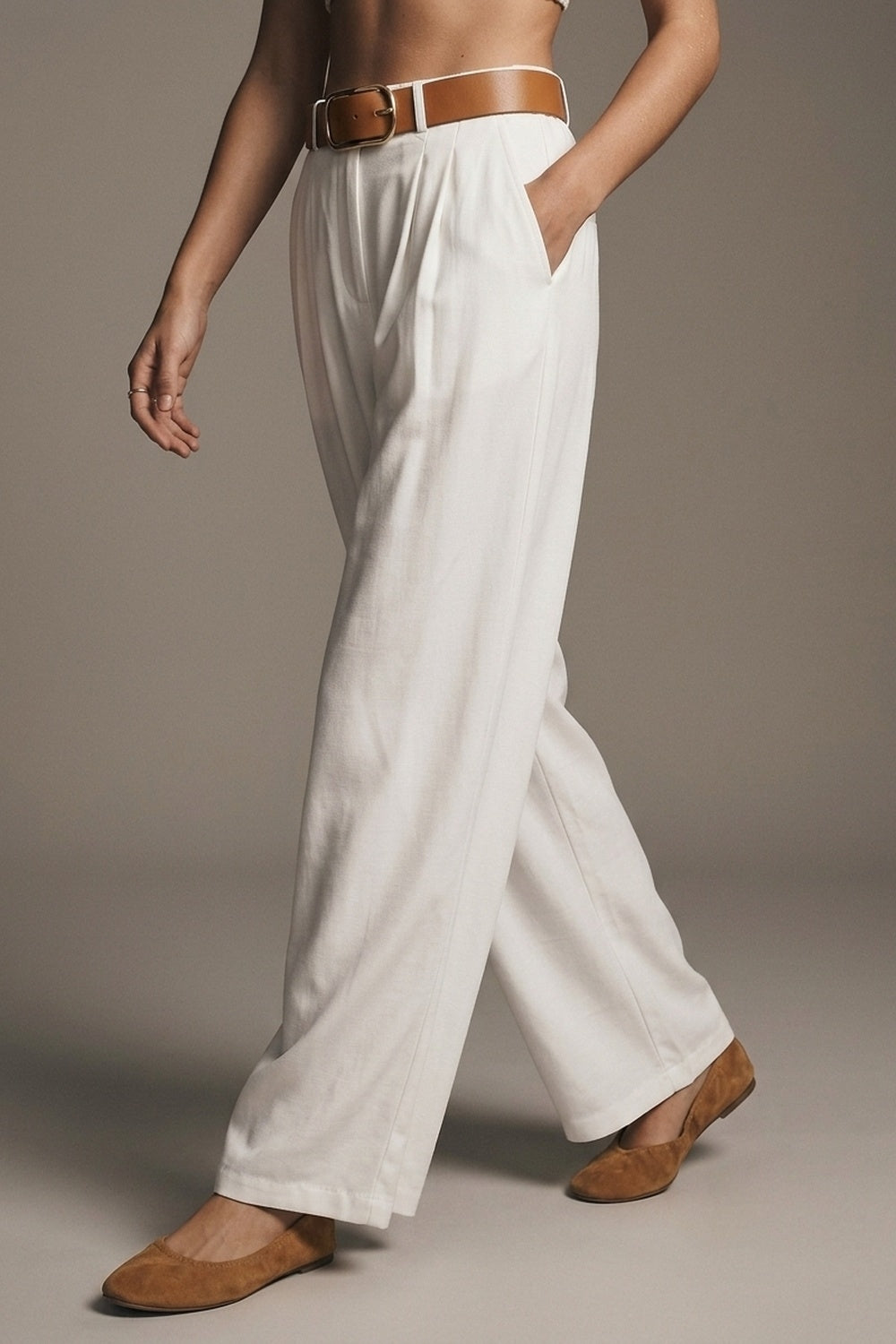 Lightweight Woven Fabric Pleated Belted Wide Leg Pants in white - trousers