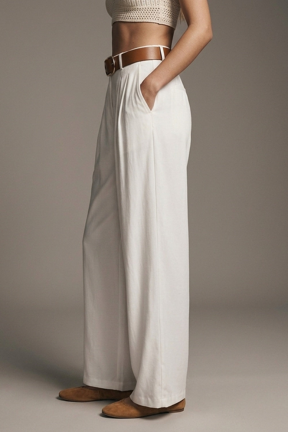 Lightweight Woven Fabric Pleated Belted Wide Leg Pants in white - trousers