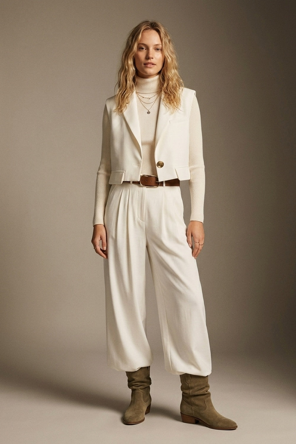 Lightweight Woven Fabric Pleated Belted Wide Leg Pants in white - trousers