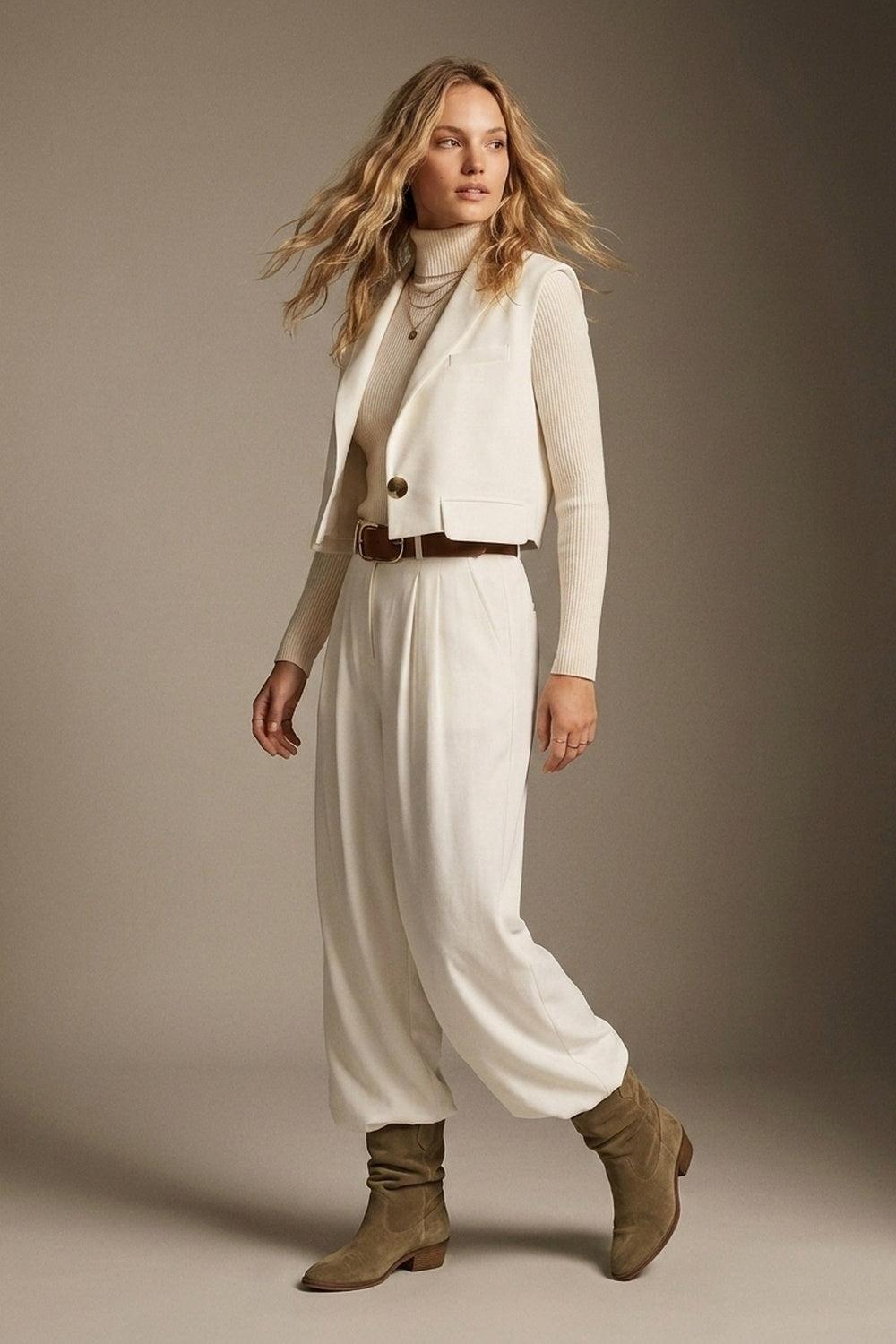 Lightweight Woven Fabric Pleated Belted Wide Leg Pants in white - trousers