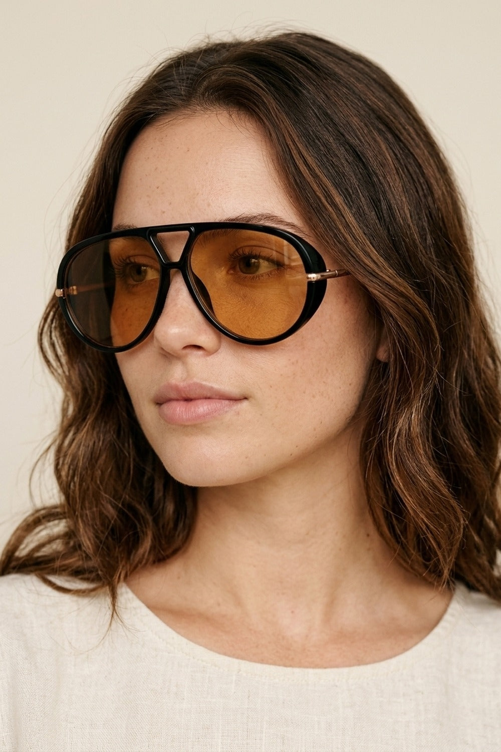 Black Oversize Aviator Frame Brown Lens Sunglasses