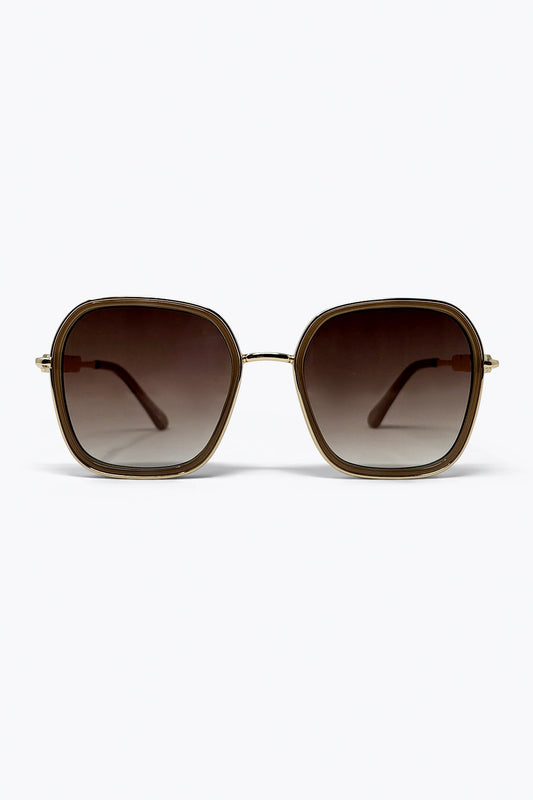 Brown Gradient Square Frame Oversized Metal Sunglasses - Sunglasses