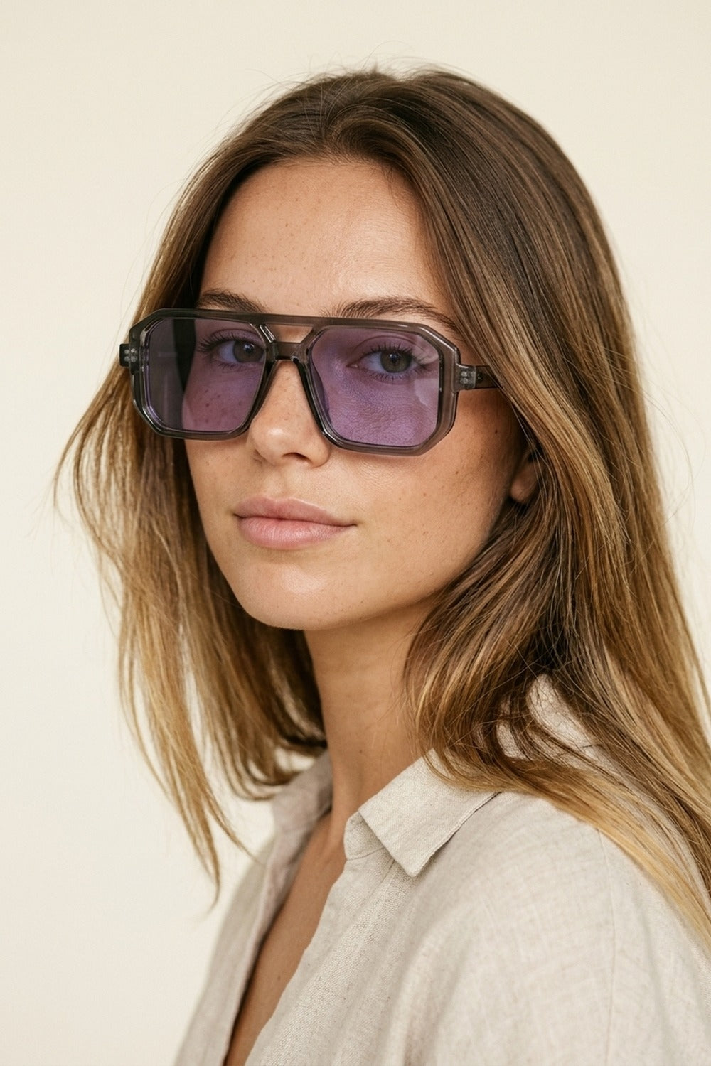 Grey Transparent Frame Purple Tinted Oversize Geometric Sunglasses
