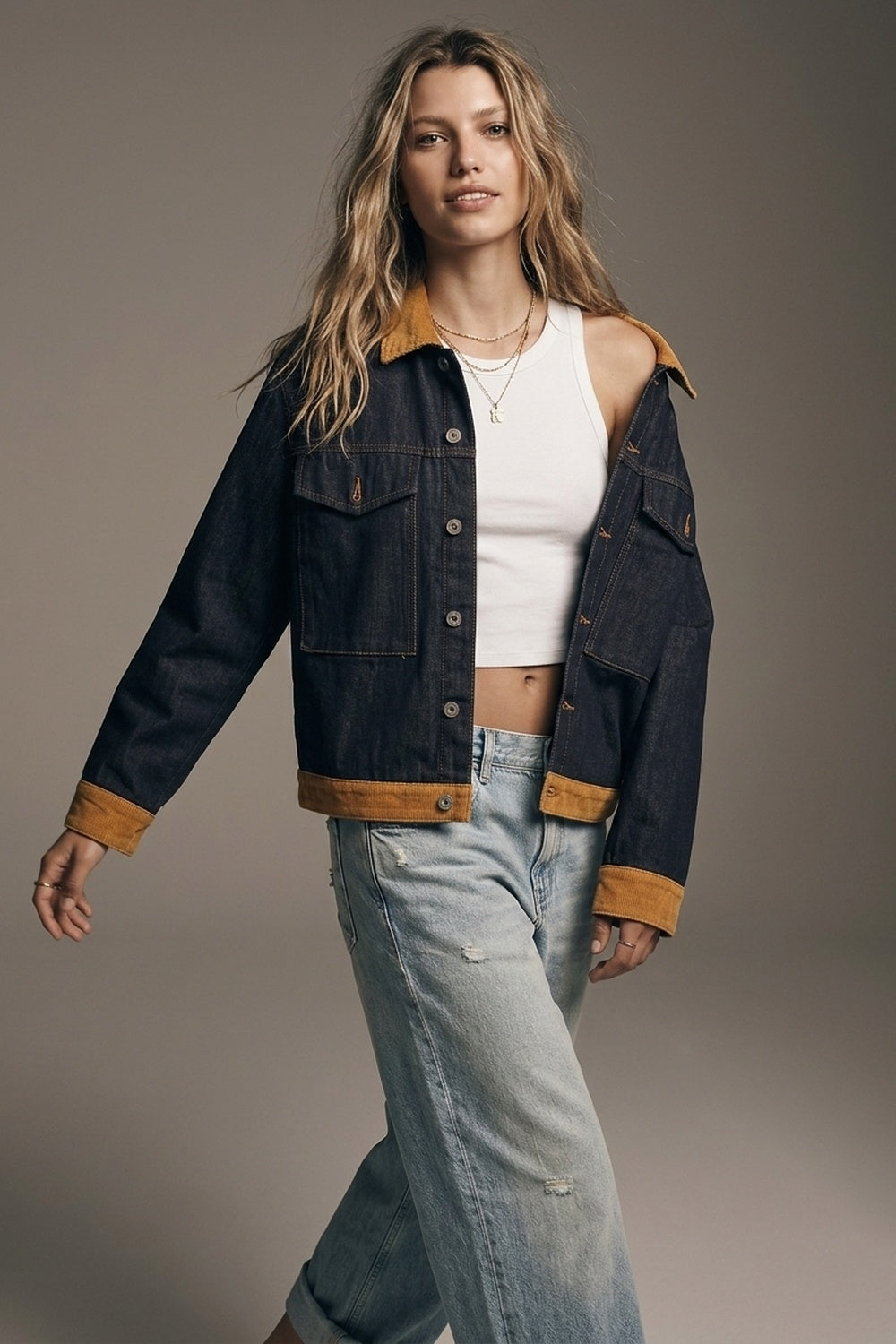 Denim Blue Rigid Denim Corduroy Collar Button Front relaxed Fit Jacket
