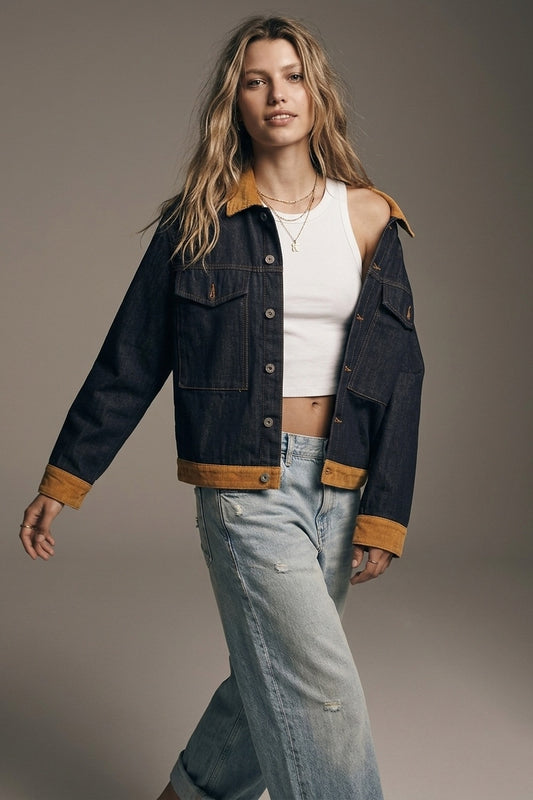 Denim Blue Rigid Denim Corduroy Collar Button Front relaxed Fit Jacket