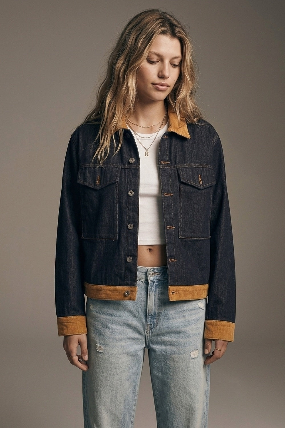 Denim Blue Rigid Denim Corduroy Collar Button Front relaxed Fit Jacket
