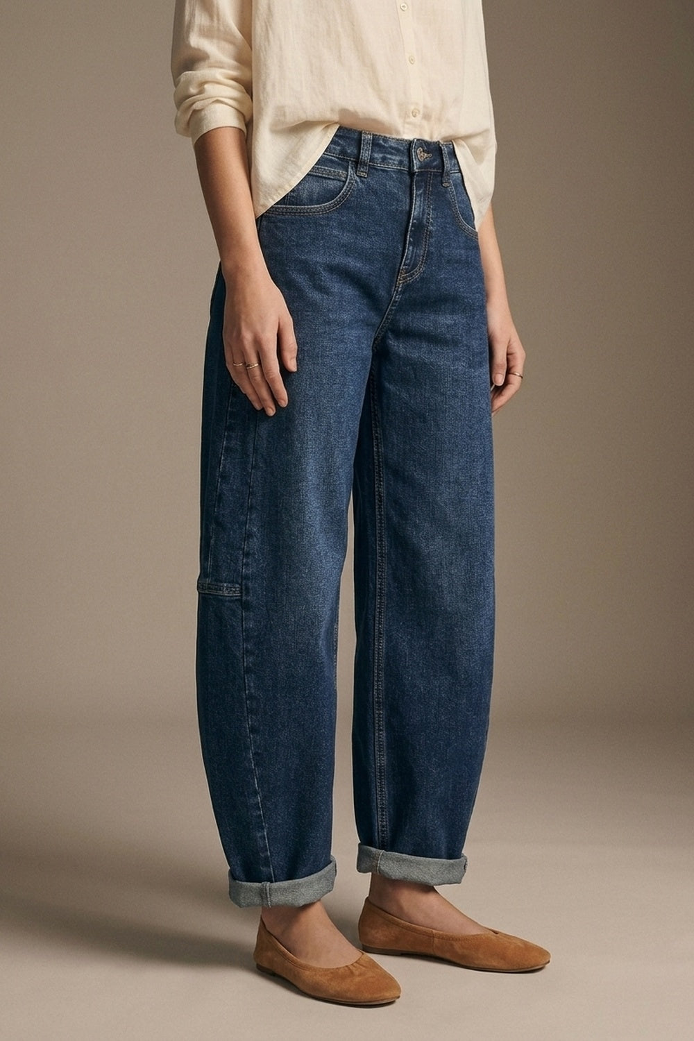 Dark Blue Wide-Leg Denim Jeans with Cuffed Hem and side seams - Denim