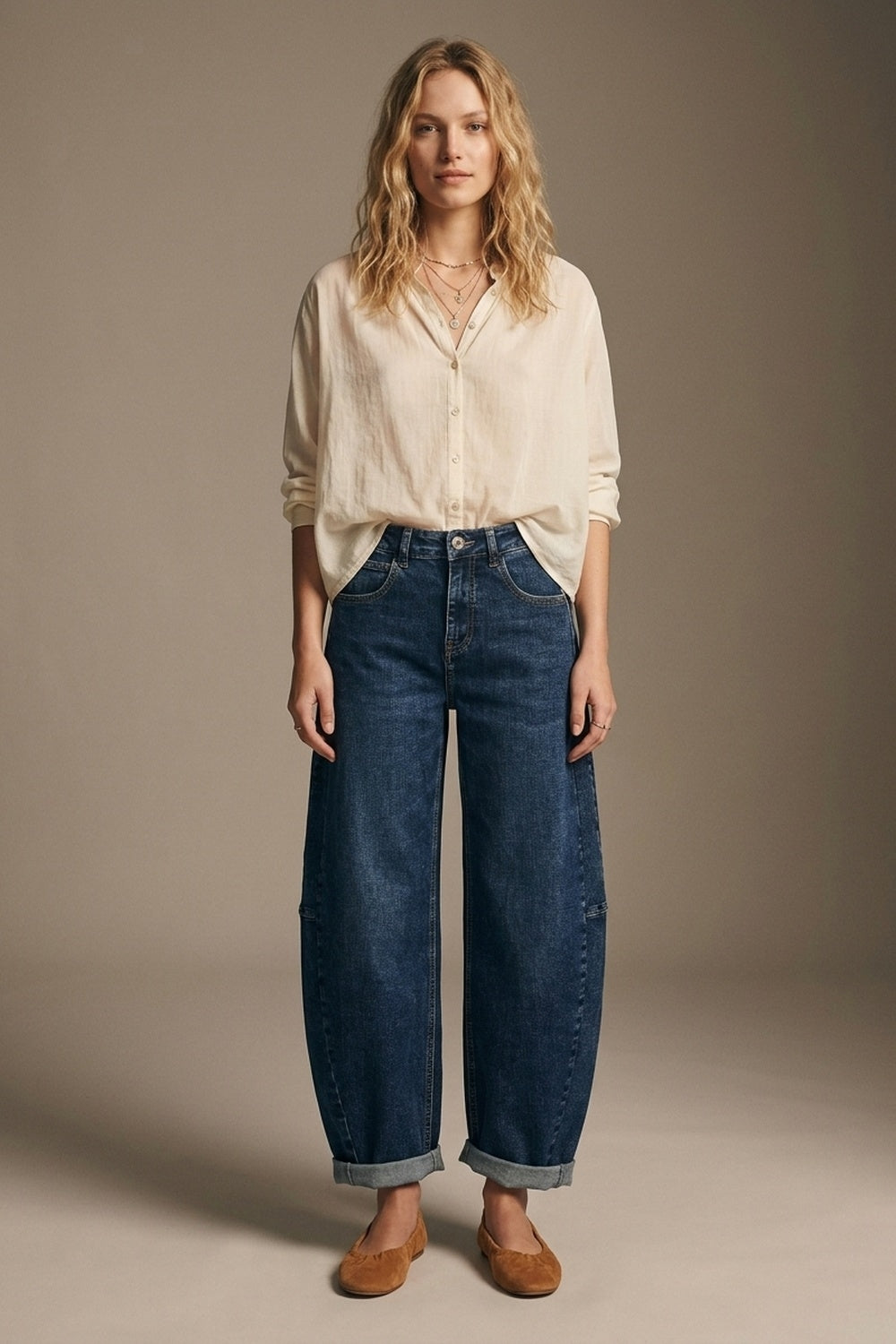 Dark Blue Wide-Leg Denim Jeans with Cuffed Hem and side seams - Denim