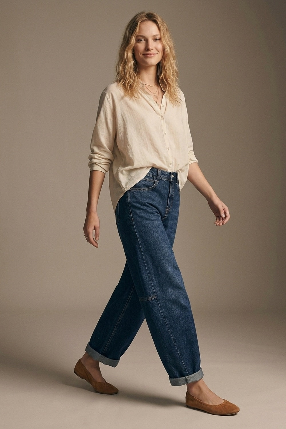 Dark Blue Wide-Leg Denim Jeans with Cuffed Hem and side seams - Denim