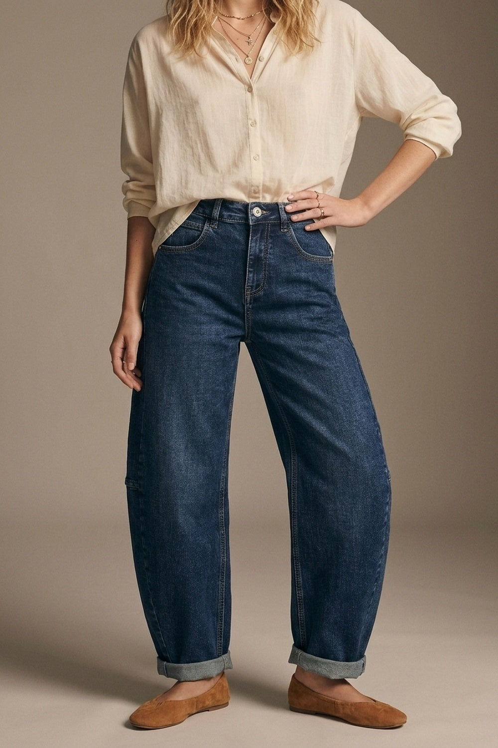 Dark Blue Wide-Leg Denim Jeans with Cuffed Hem and side seams - Denim
