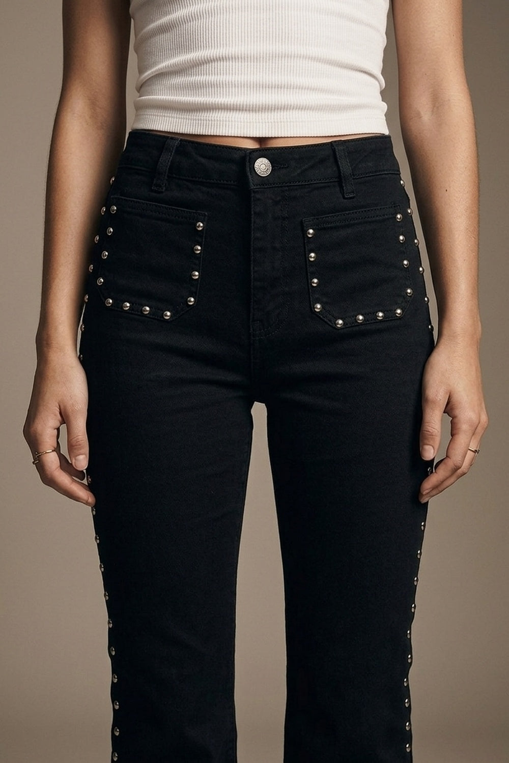 Black Studded Flare Jeans With Front Pocket Detail - trousers