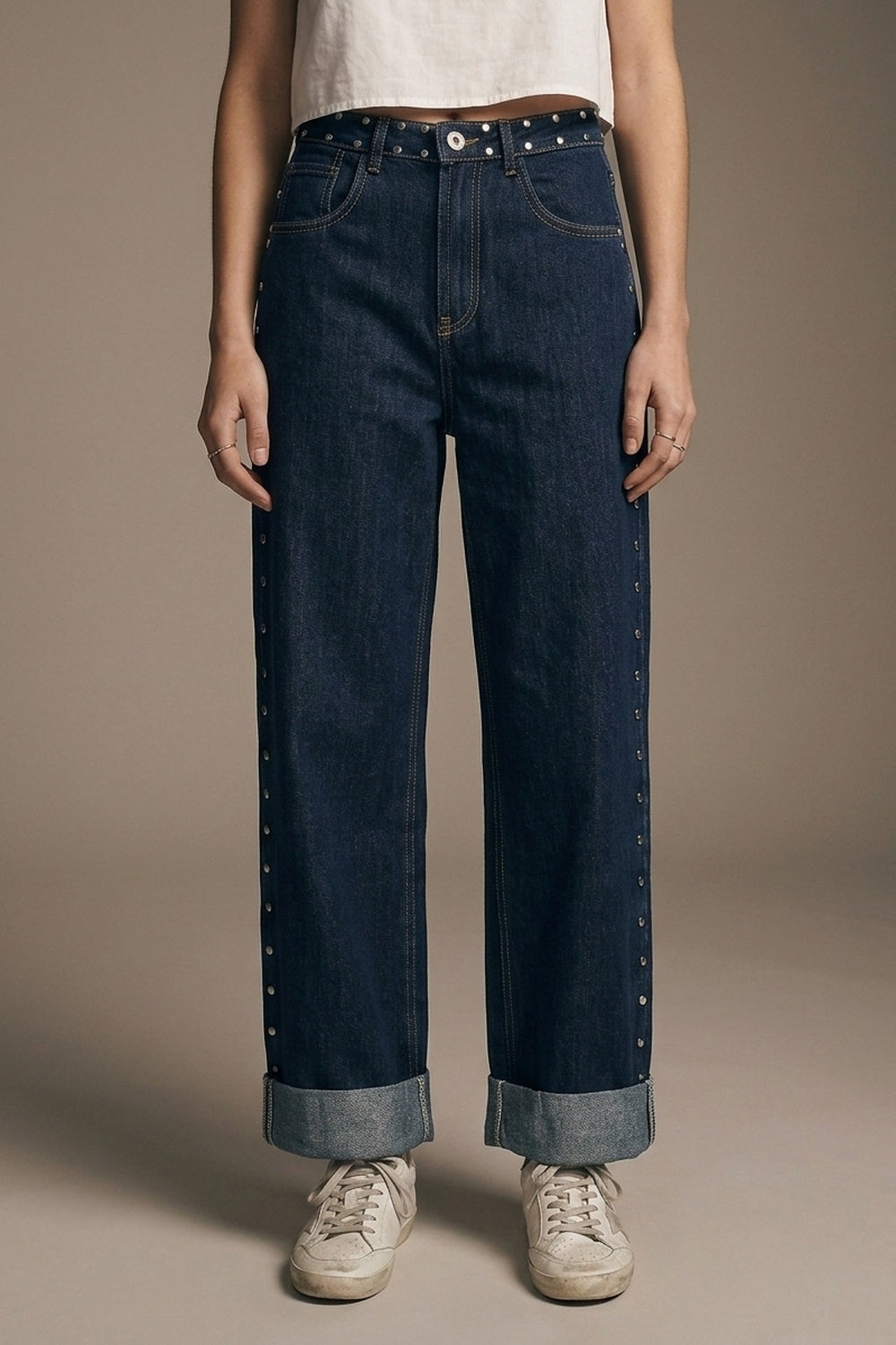 Dark Blue Wide Leg Studded Denim Jeans - Pants
