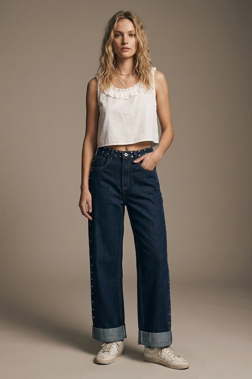 Dark Blue Wide Leg Studded Denim Jeans - Pants