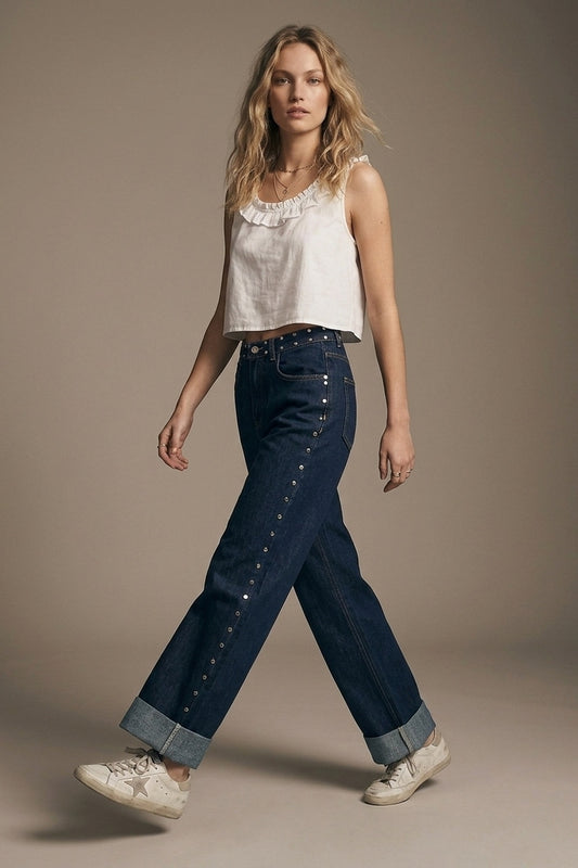 Dark Blue Wide Leg Studded Denim Jeans - Pants