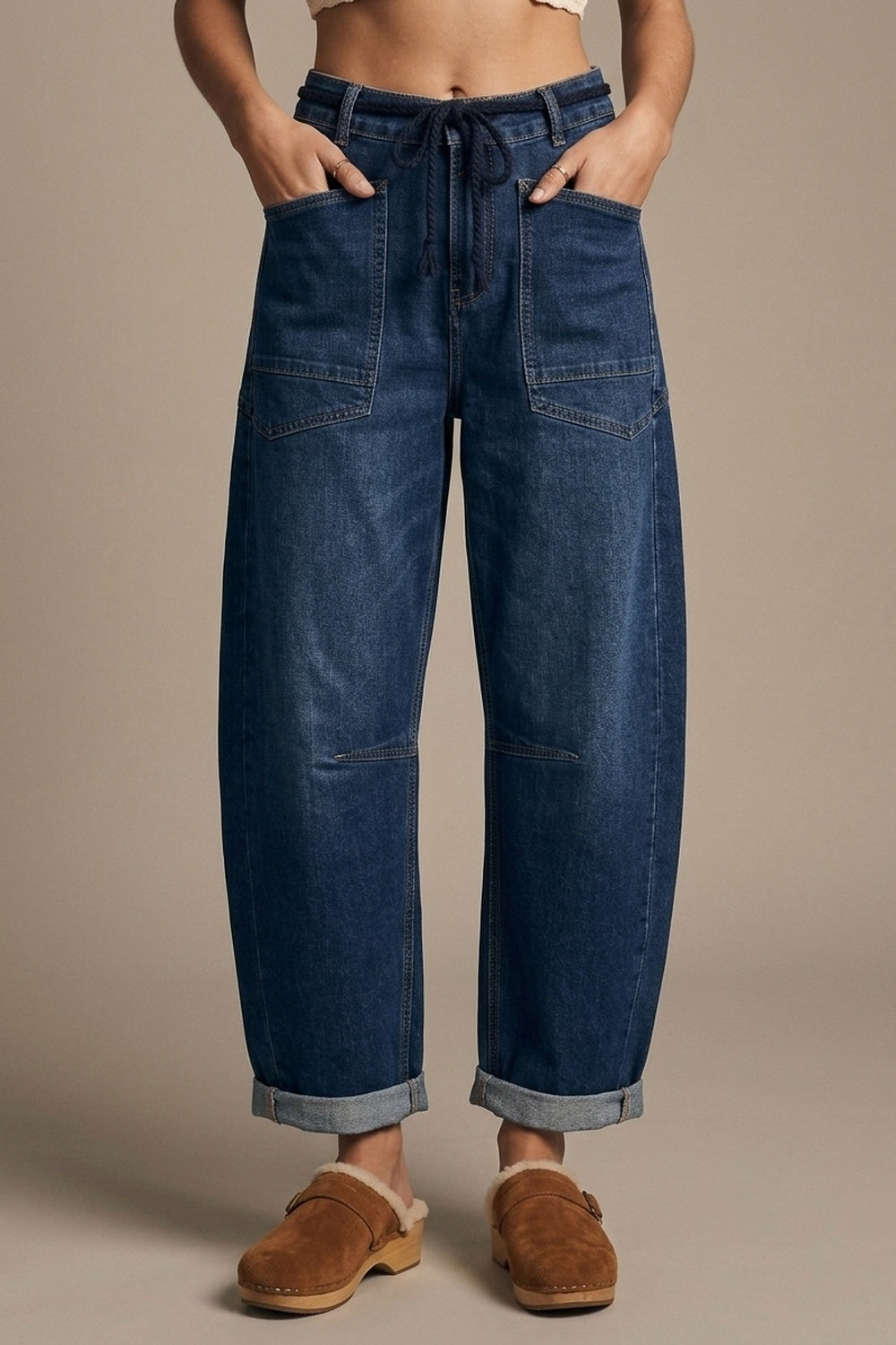 Dark wash Drawstring Waist jeans with Rolled Cuff and Wide Leg - Denim