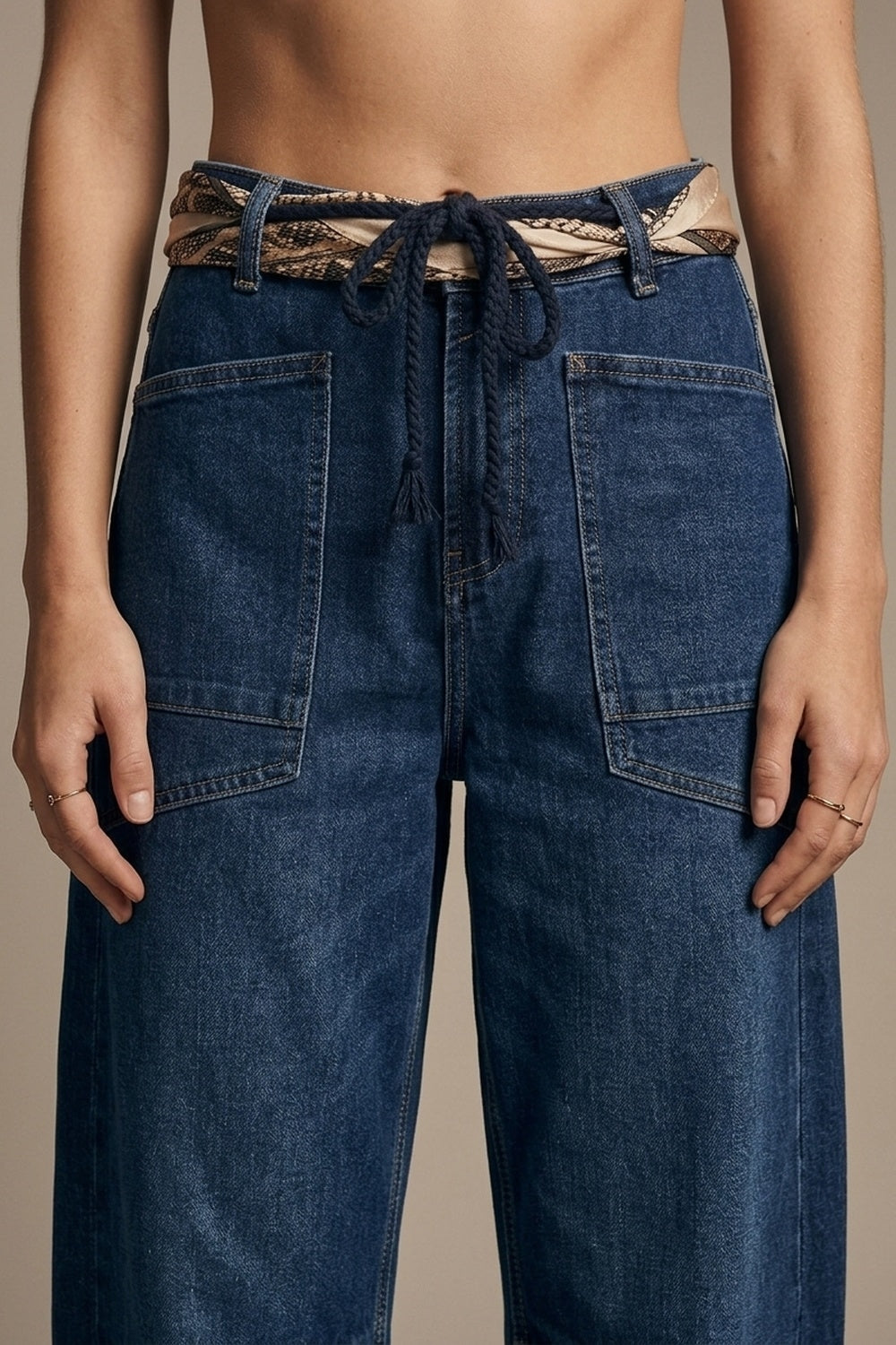 Dark wash Drawstring Waist jeans with Rolled Cuff and Wide Leg - Denim