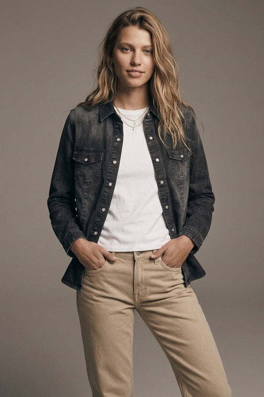 Black Washed Denim Button-Up Shirt Jacket - Shirts
