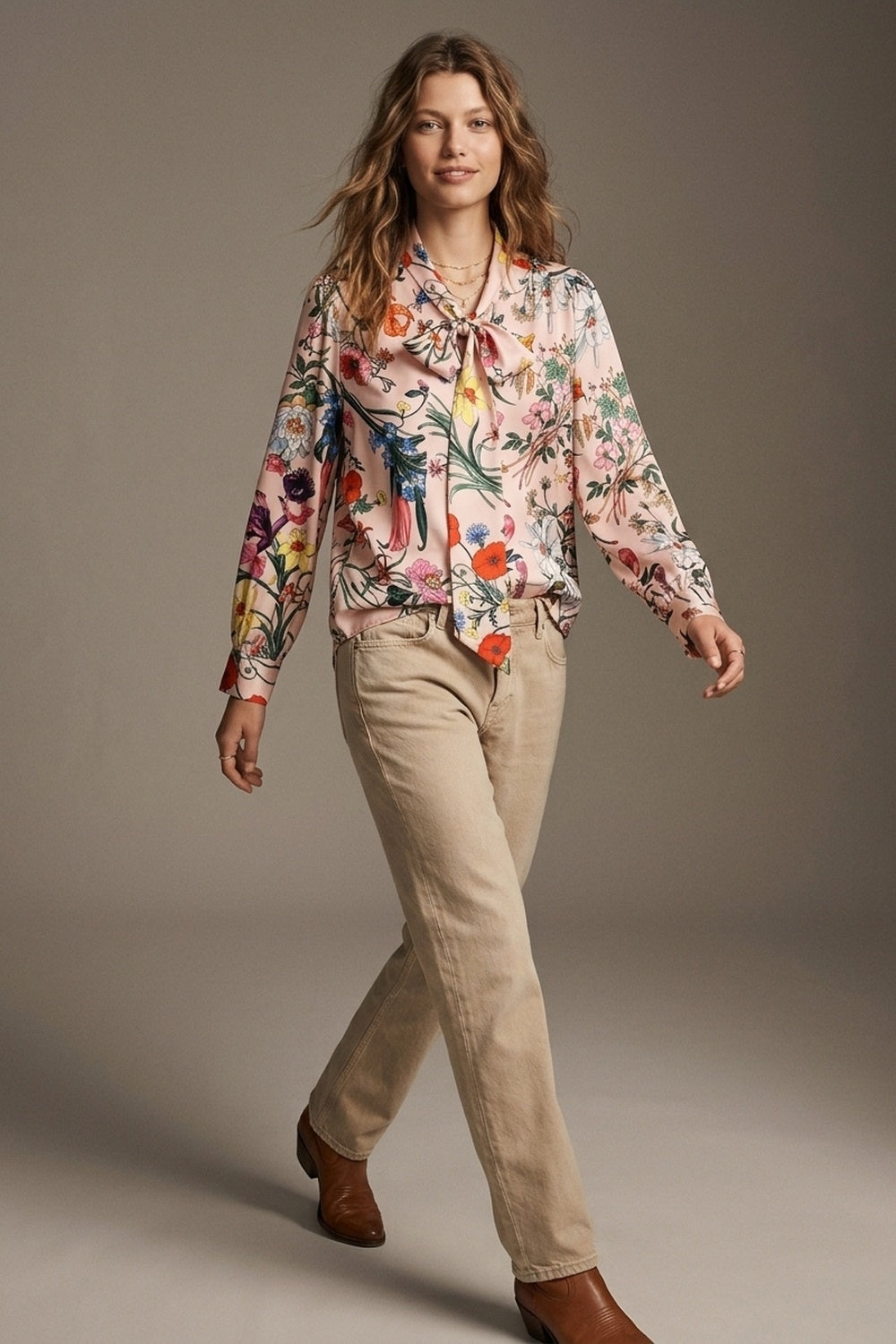 Light Pink Floral Print Satin Pussy Bow Long Sleeve Blouse - Shirts