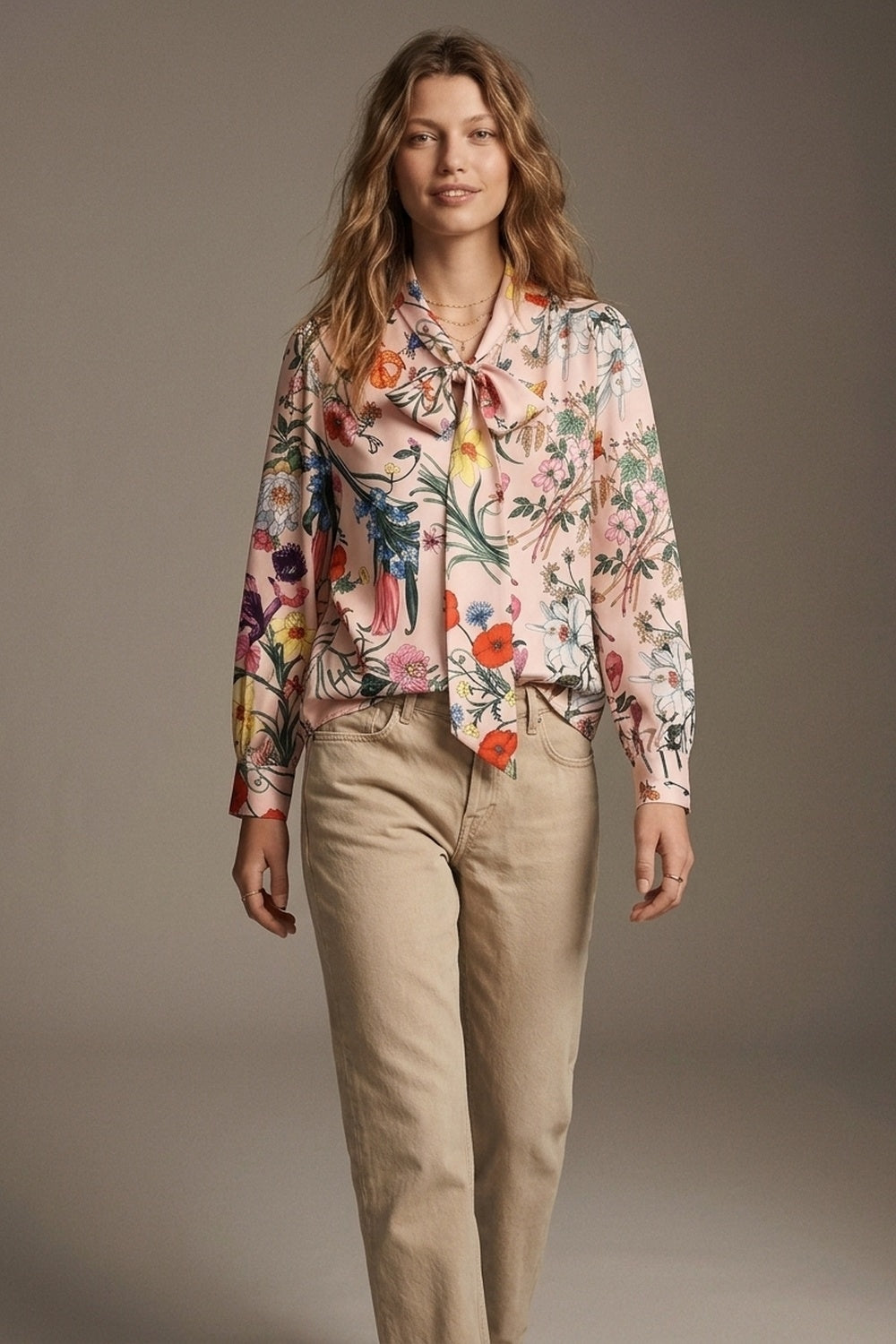 Light Pink Floral Print Satin Pussy Bow Long Sleeve Blouse - Shirts