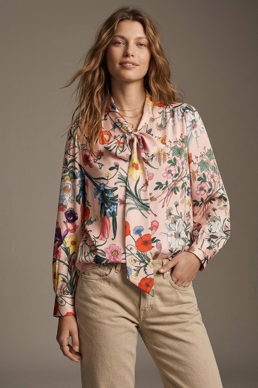 Light Pink Floral Print Satin Pussy Bow Long Sleeve Blouse - Shirts