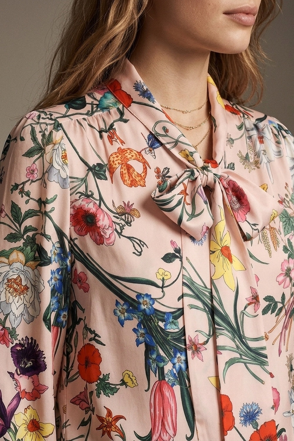 Light Pink Floral Print Satin Pussy Bow Long Sleeve Blouse - Shirts