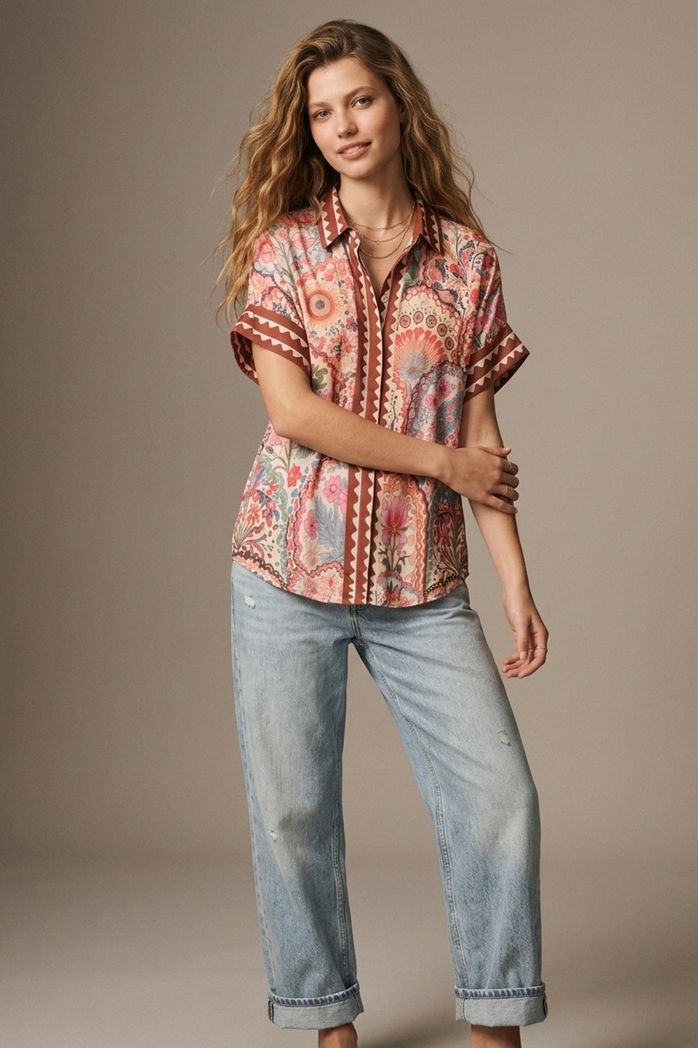 Multicolor Floral Print Lightweight facric Contrast Trim Shirt - Shirts