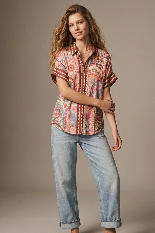 Multicolor Floral Print Lightweight facric Contrast Trim Shirt - Shirts