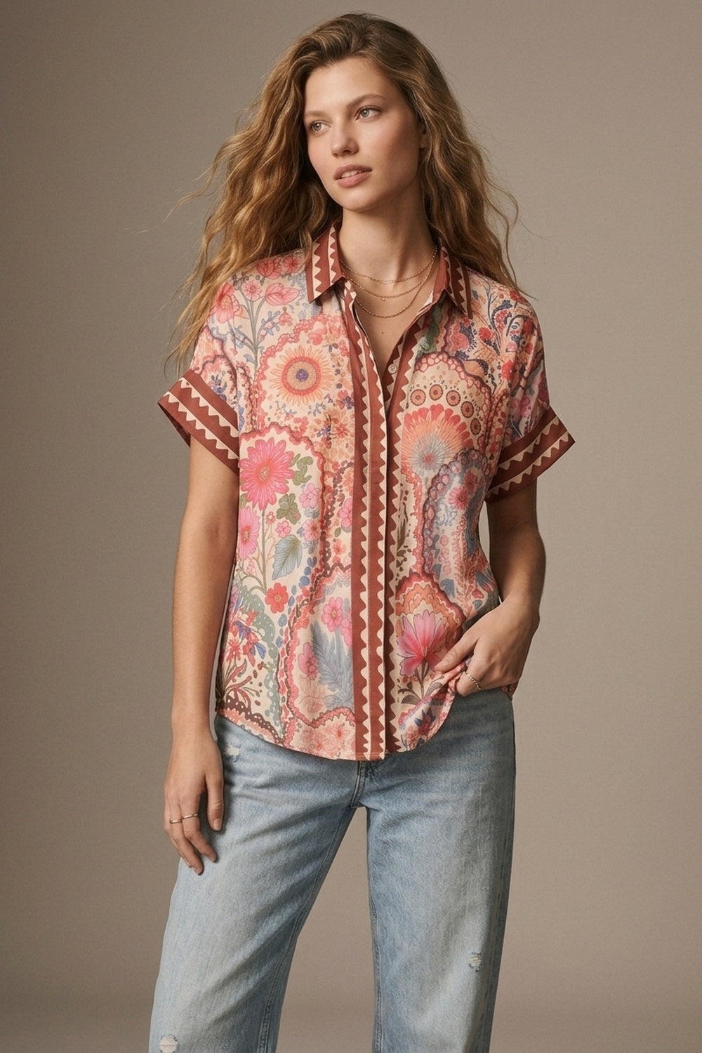 Multicolor Floral Print Lightweight facric Contrast Trim Shirt - Shirts