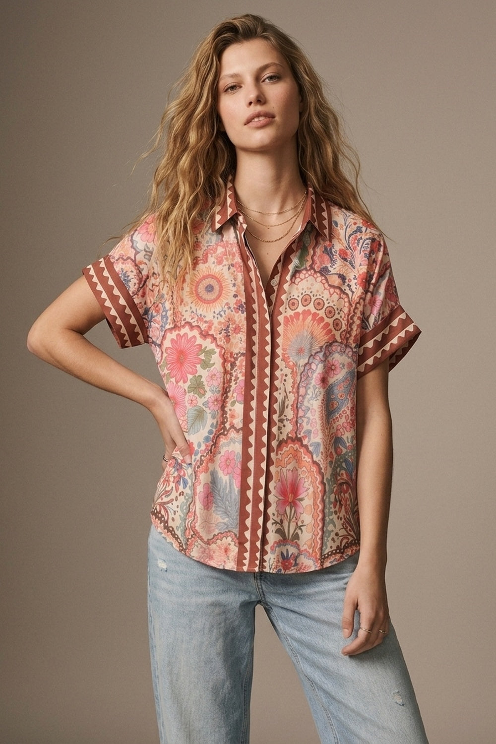 Multicolor Floral Print Lightweight facric Contrast Trim Shirt - Shirts