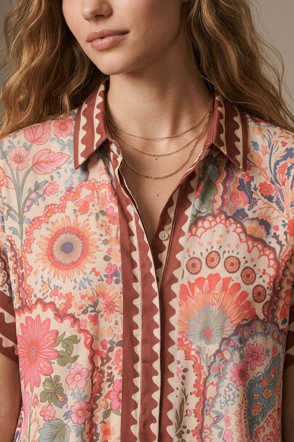 Multicolor Floral Print Lightweight facric Contrast Trim Shirt - Shirts