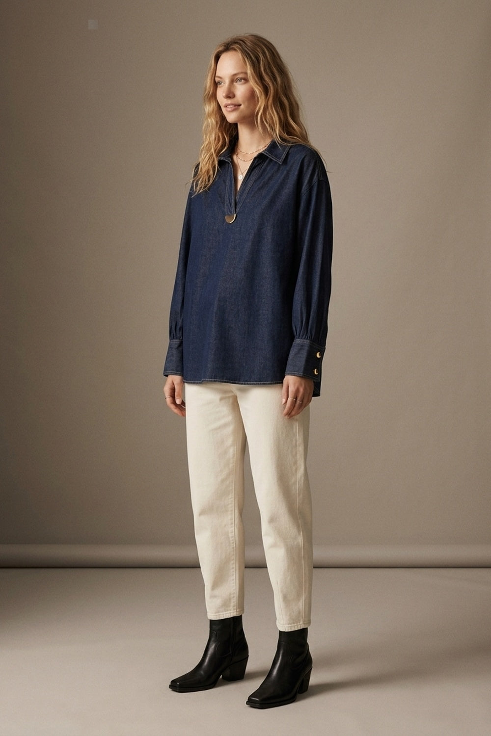 Gold Trim V-Neck Shirt in lightweight denim fabric - Shirts
