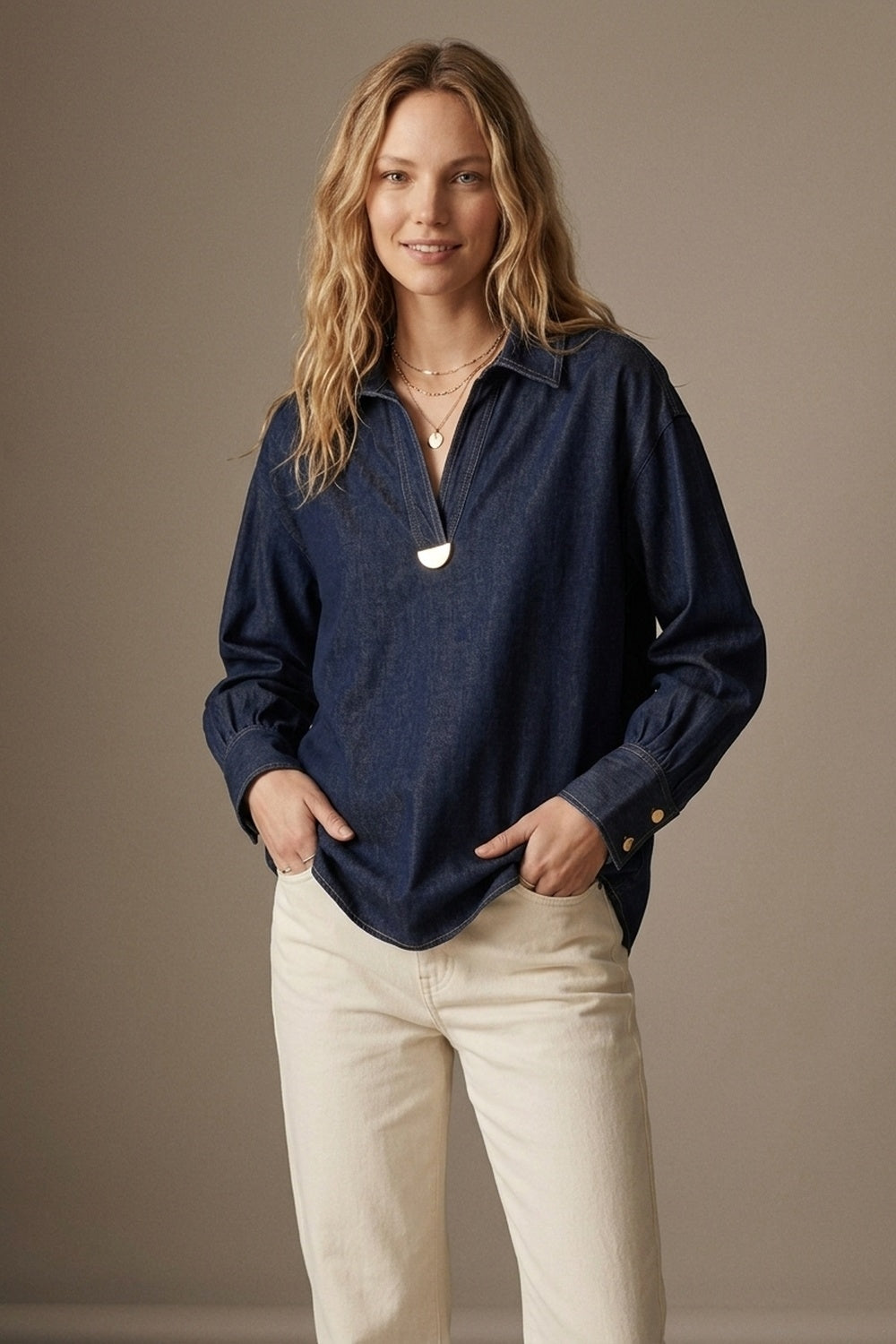 Gold Trim V-Neck Shirt in lightweight denim fabric - Shirts