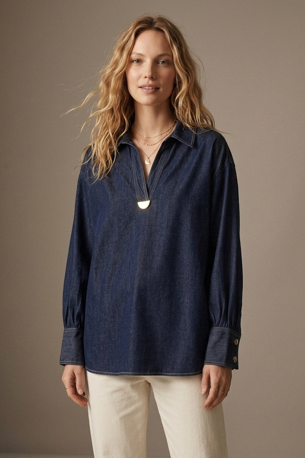 Gold Trim V-Neck Shirt in lightweight denim fabric - Shirts