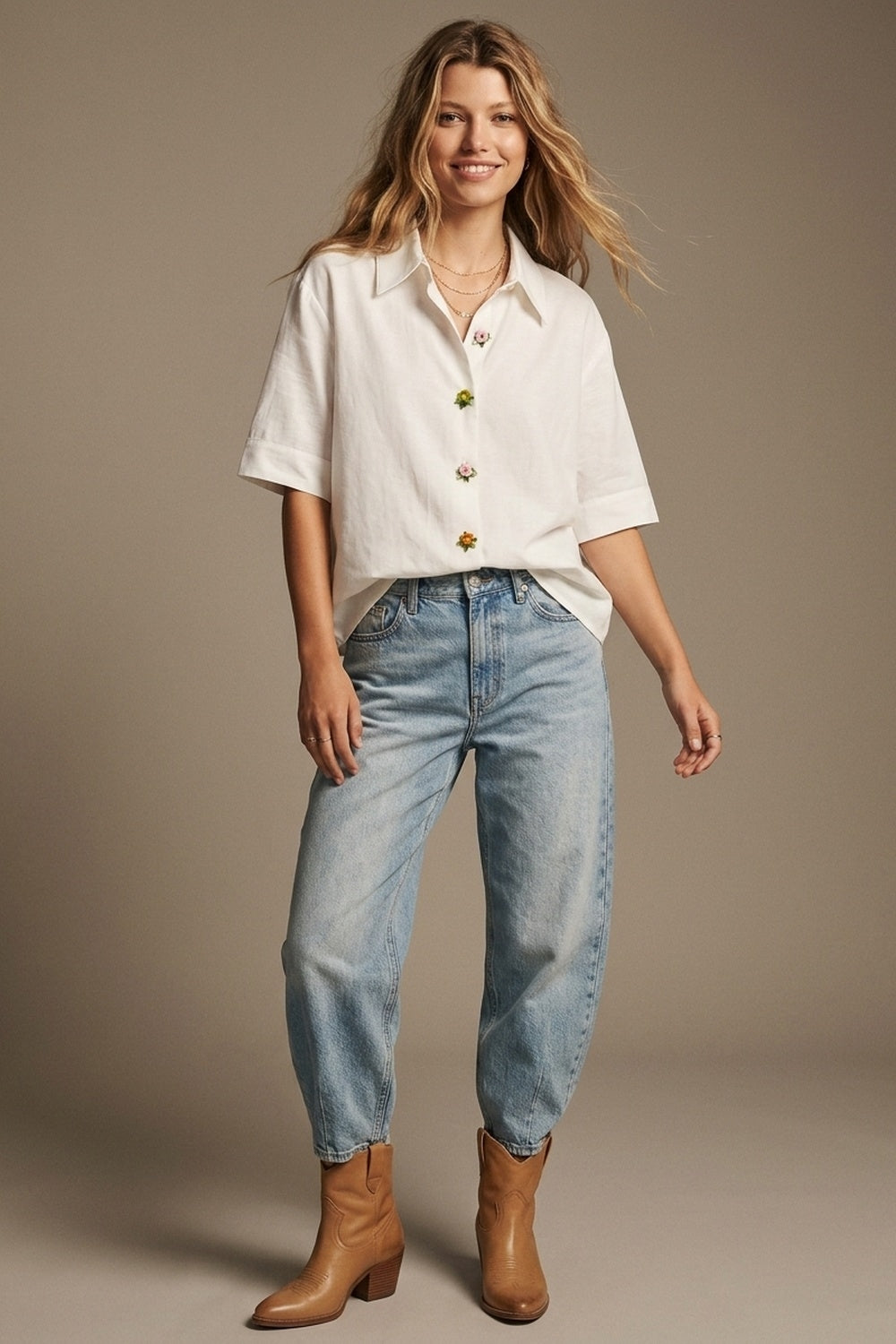 White Tencel Shirt with Jewel Flower Buttons - Shirts