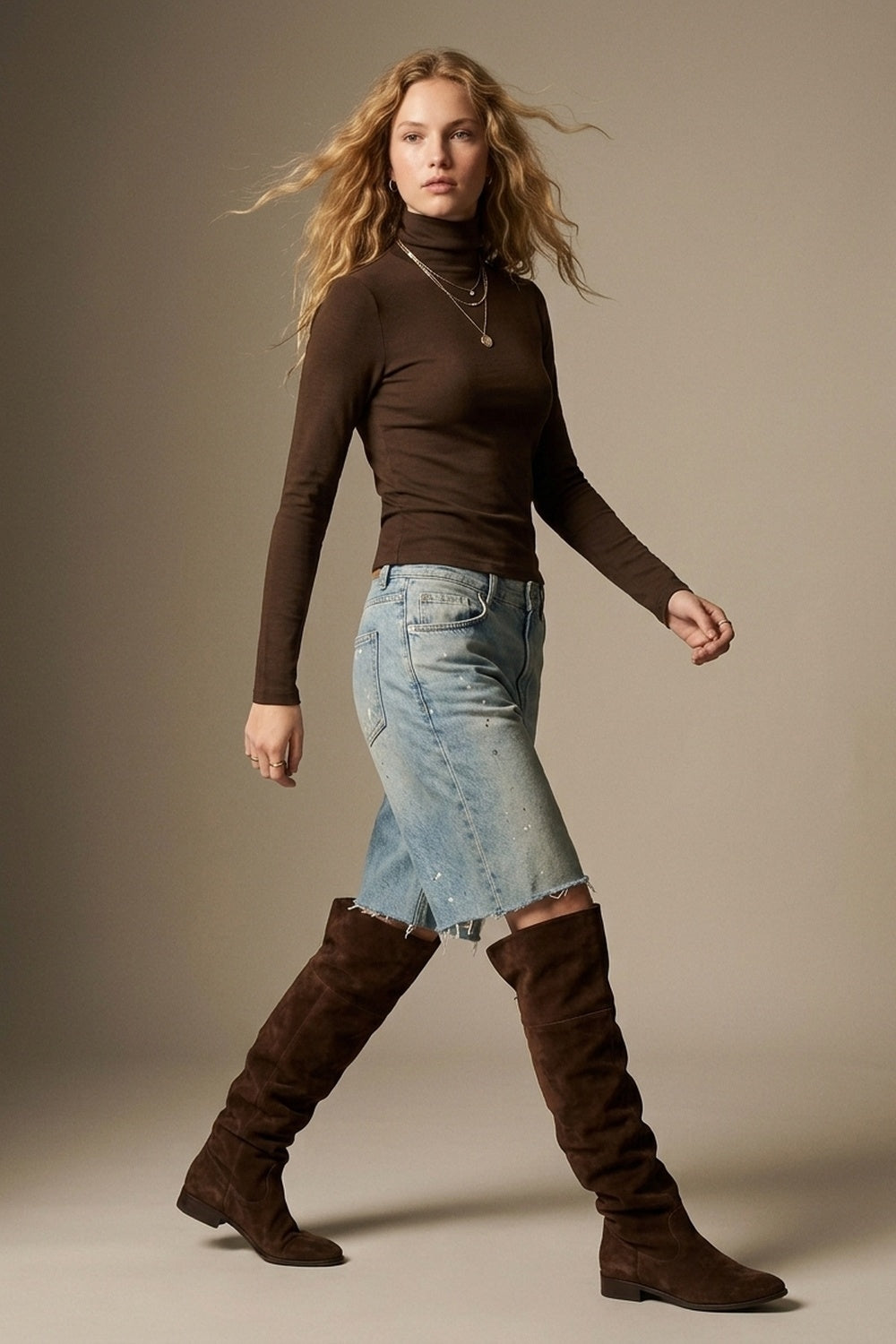 Brown Turtleneck t-shirt in soft stretch fabric - top