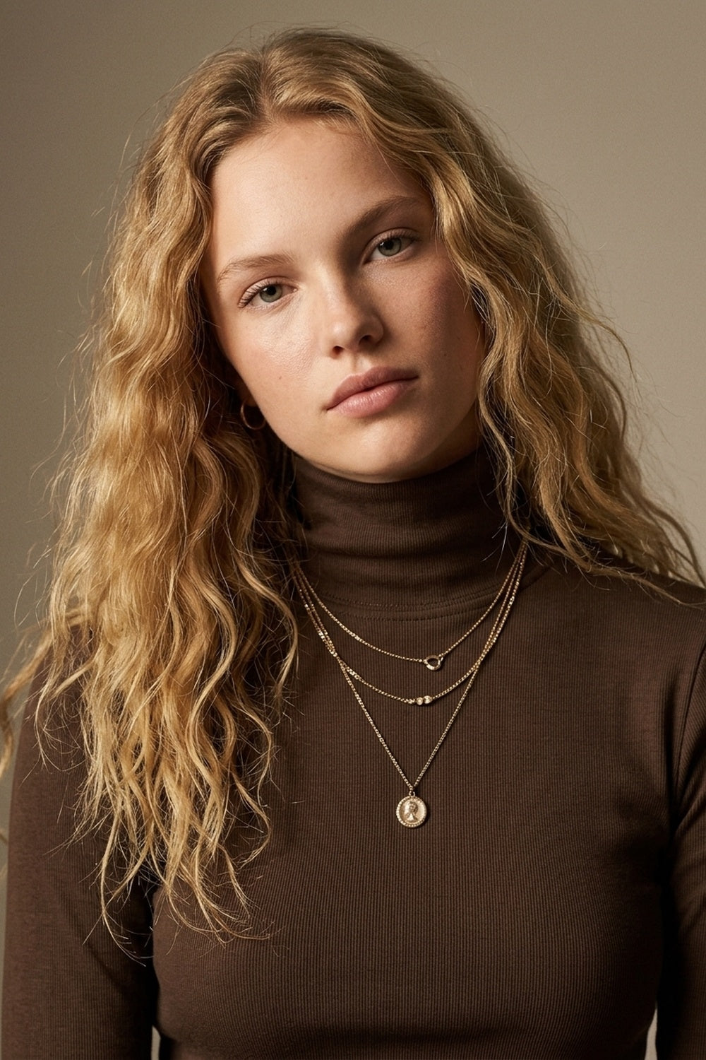 Brown Turtleneck t-shirt in soft stretch fabric - top
