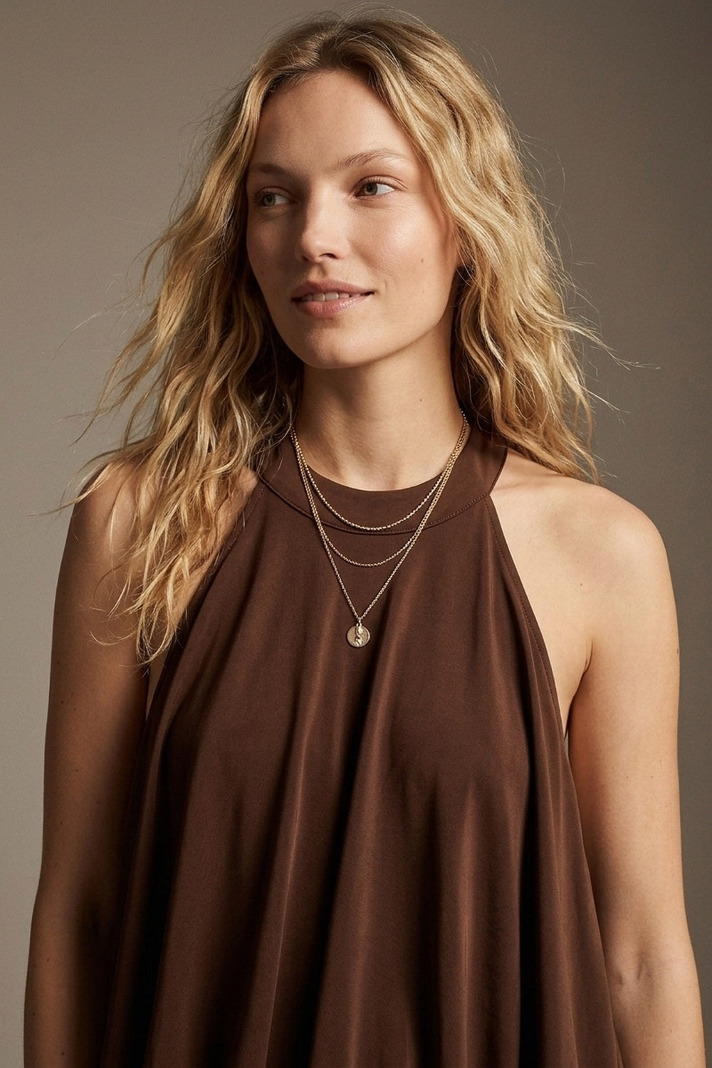 soft stretch fabric Halter Neck Maxi Dress in brown - dress