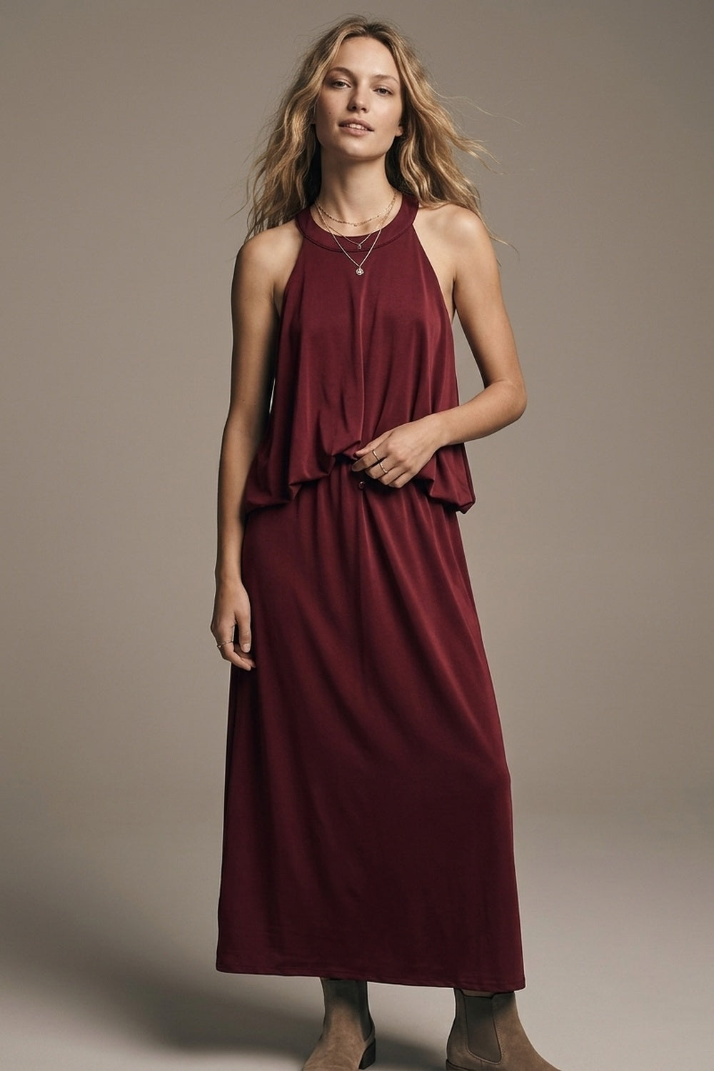 soft stretch fabric Halter Neck Maxi Dress in Burgundy - dress