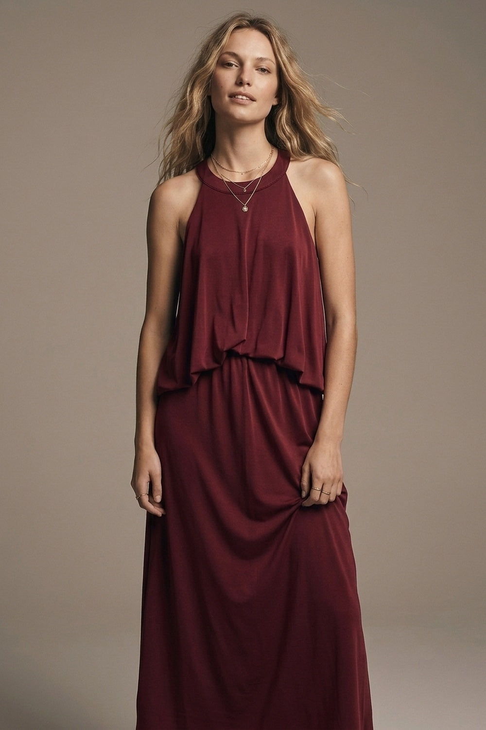 soft stretch fabric Halter Neck Maxi Dress in Burgundy - dress