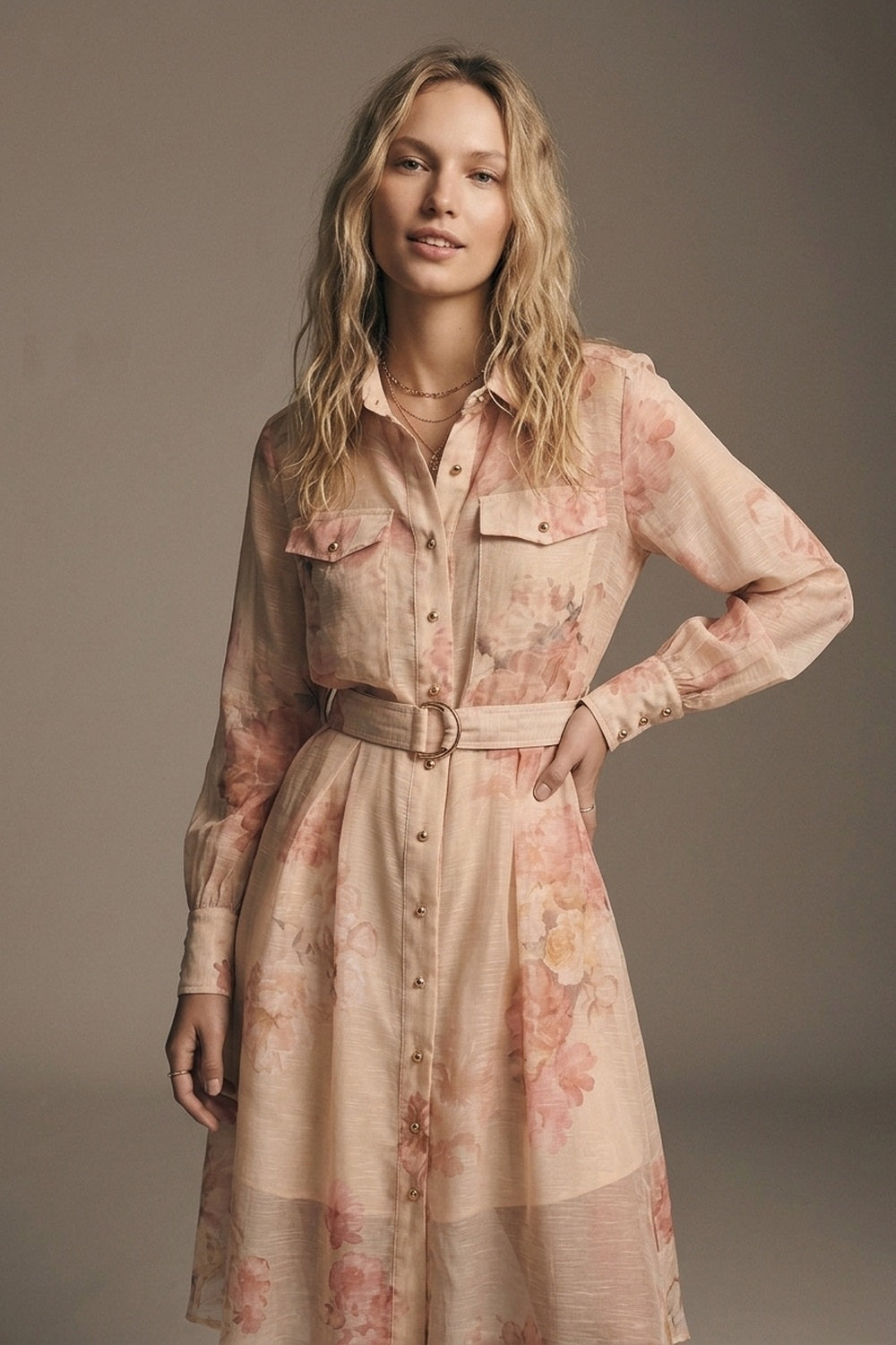 Beige Floral Print Chiffon Belted Midi Shirt Dress with Gold Buttons - dress