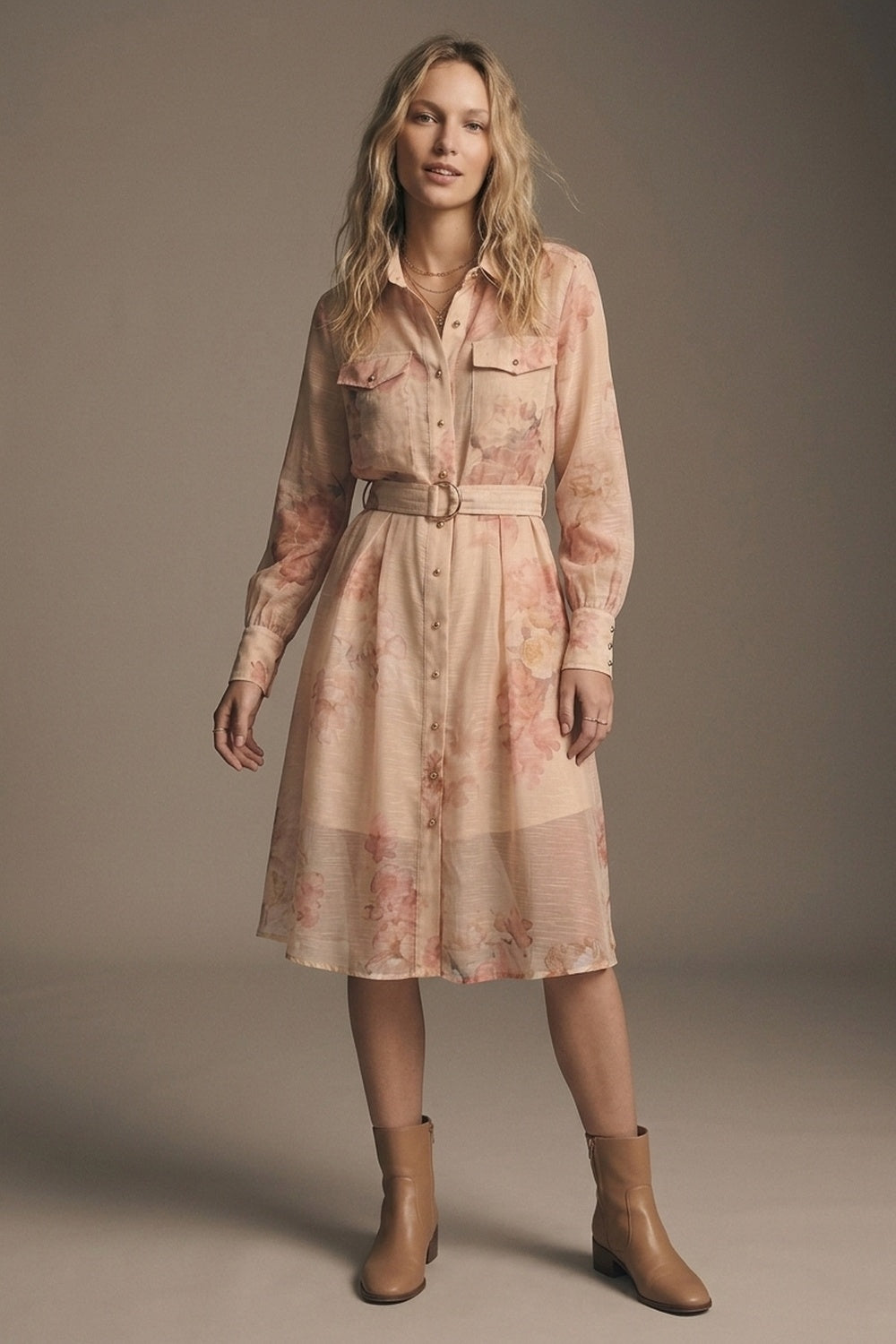 Beige Floral Print Chiffon Belted Midi Shirt Dress with Gold Buttons - dress